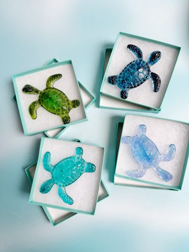 Fused glass sea turtles in blue and green