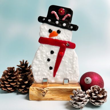 Fused Glass Snowman using hand made frit on yew wooden stand.